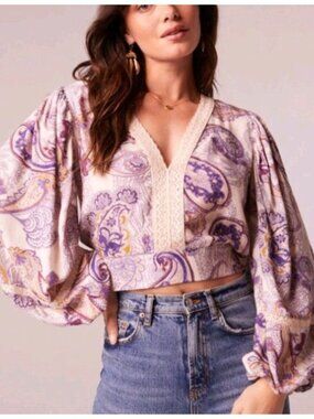 Band of the Free Mirabelle Crop Top Women's Size L Cream Purple Paisley Lace NWT